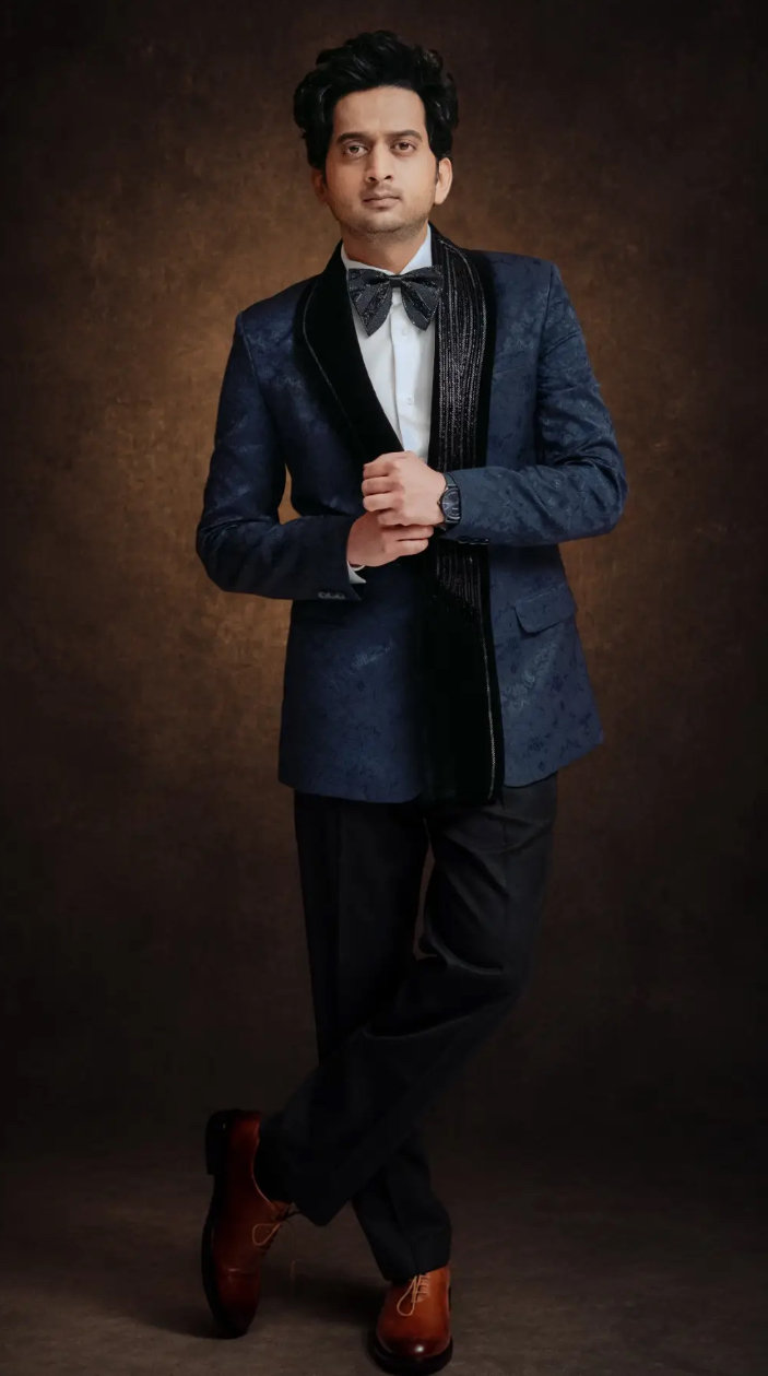 Amey Wagh in Midnight Blue Jacquard Tuxedo