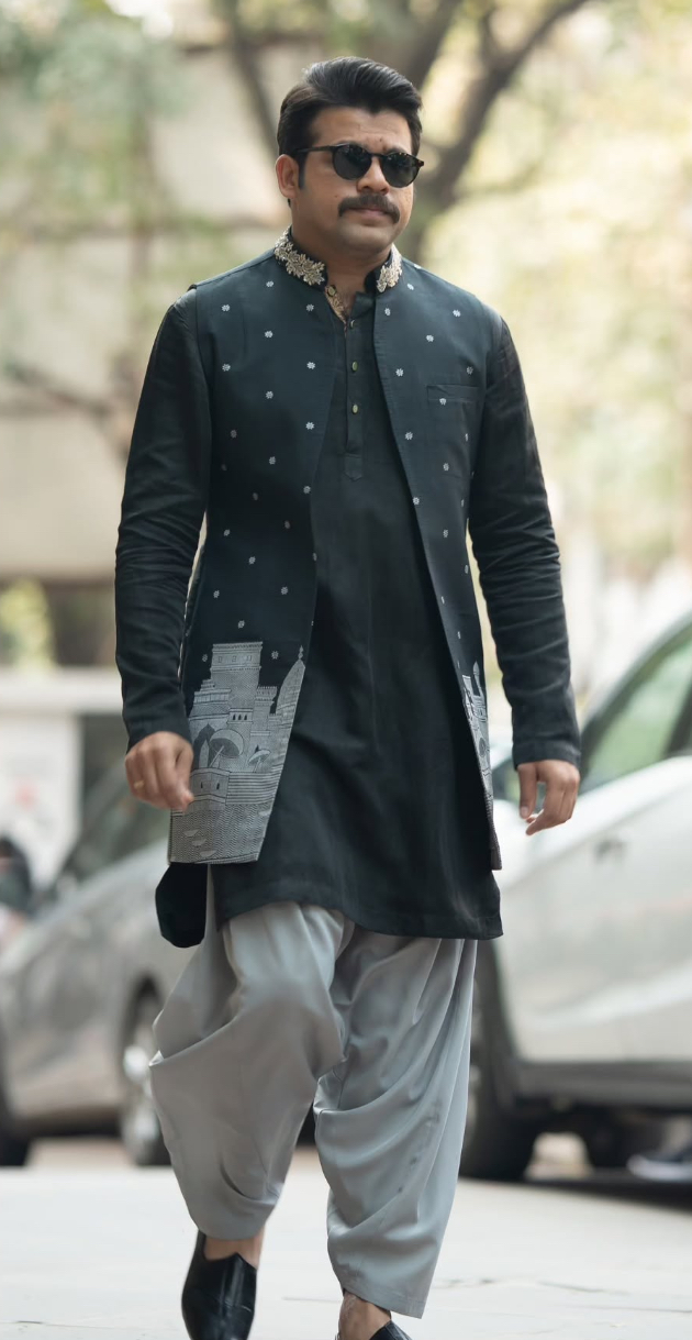 Kshitish Date in Charcoal Printed Jacket with Grey Dhoti
