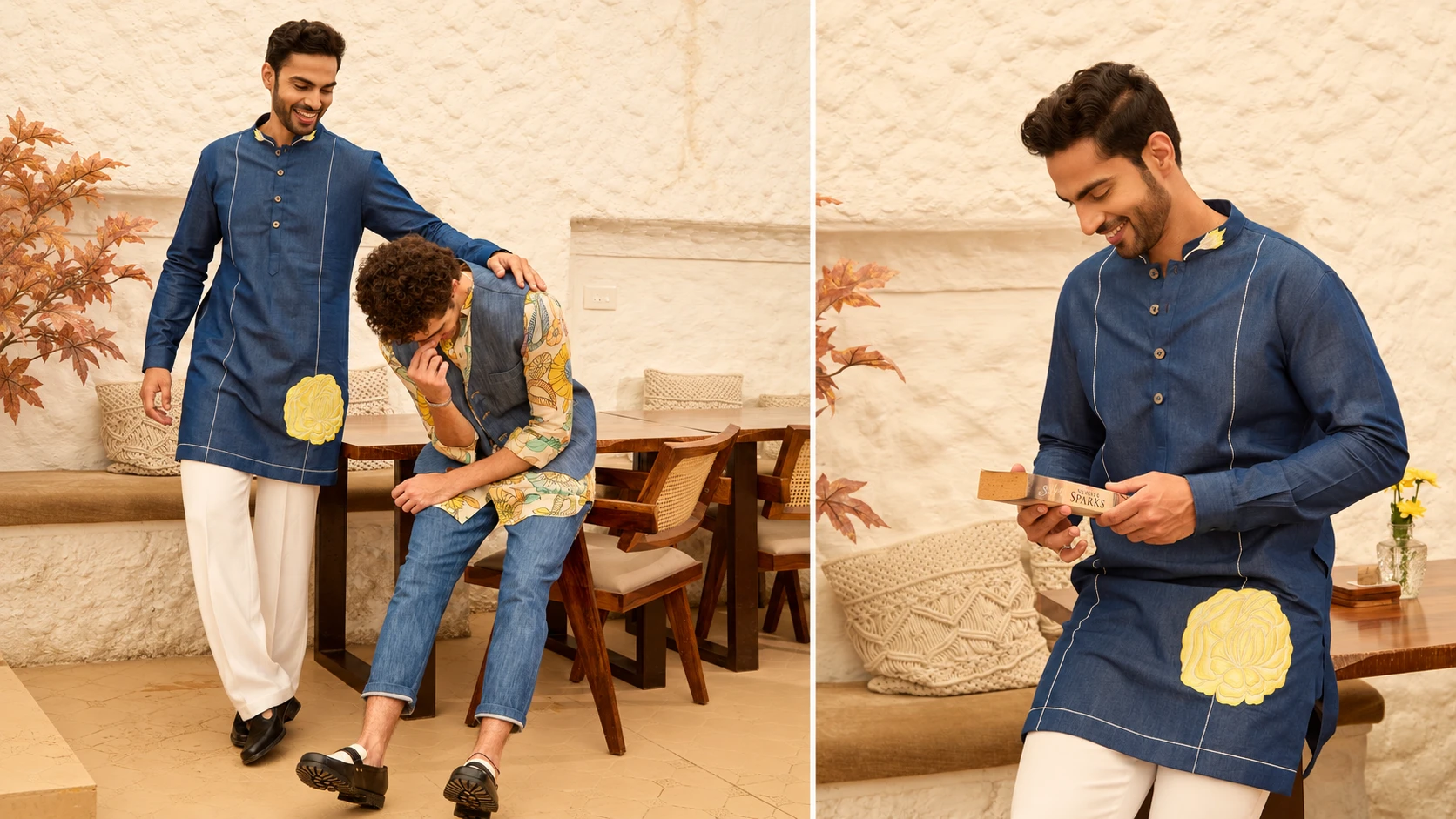 Denim collection: blue embroidered kurta and denim waistcoat in a warm cream interior