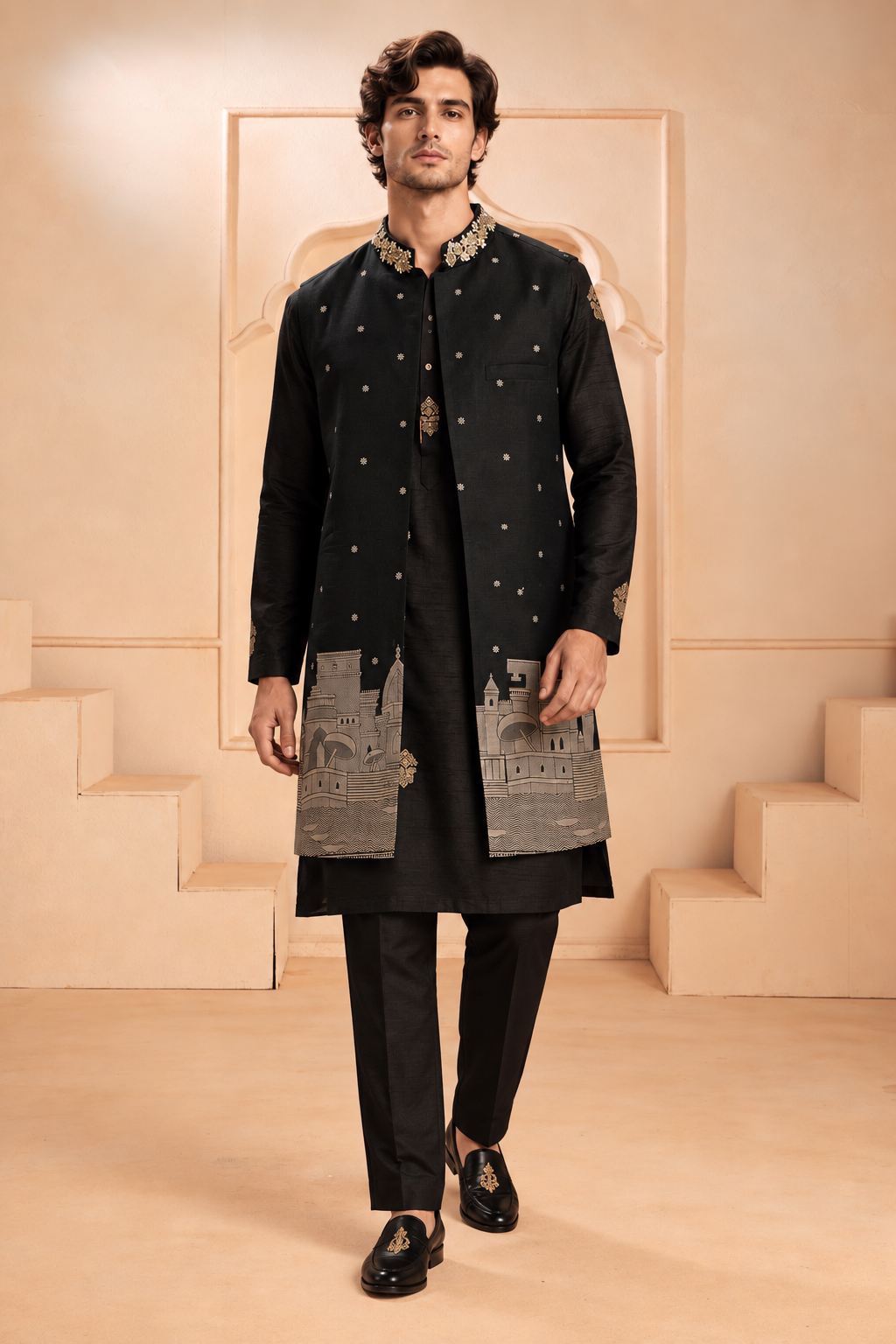 Embroidered coat worn over a black kurta