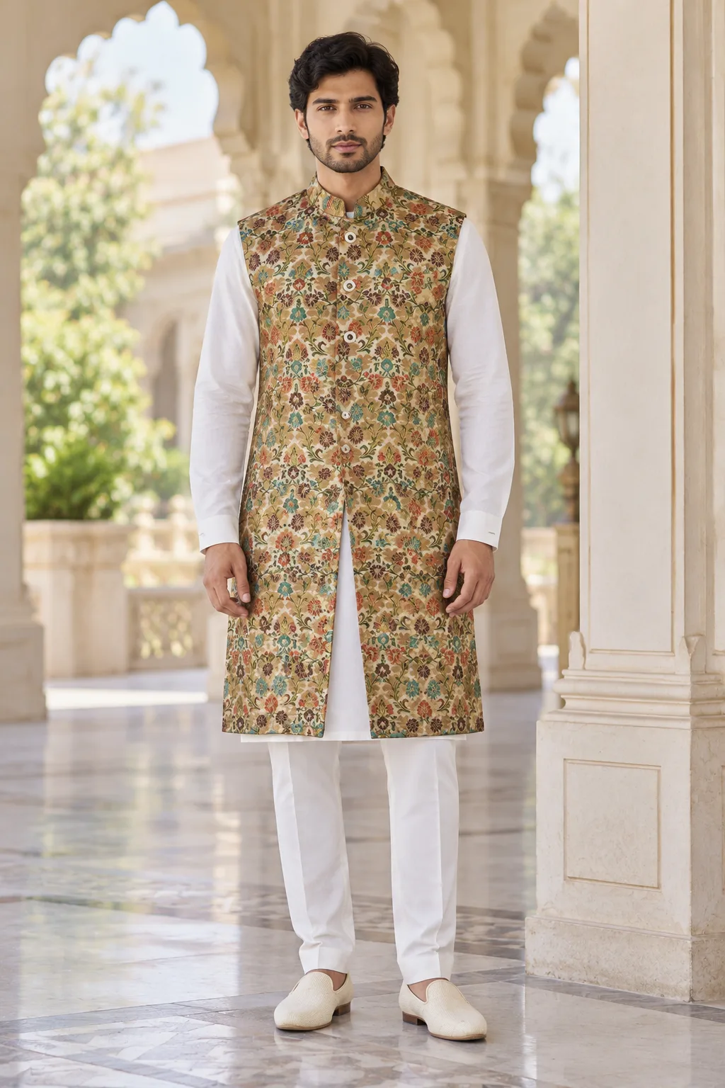 Antique Gold Floral Brocade Long Bandhgala