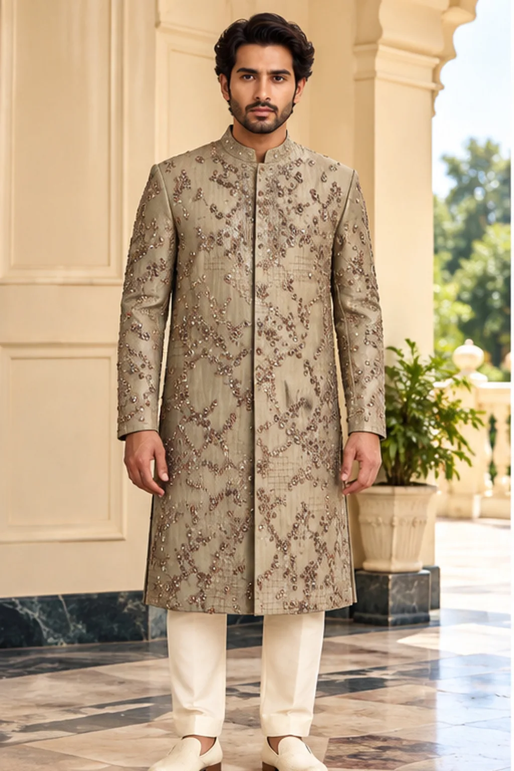 Champagne Sequin-Butti Embroidered Silk Sherwani