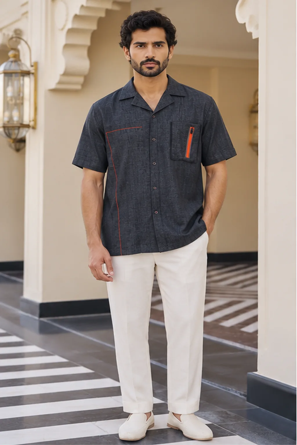 Charcoal Heather Piped Camp-Collar Linen Shirt