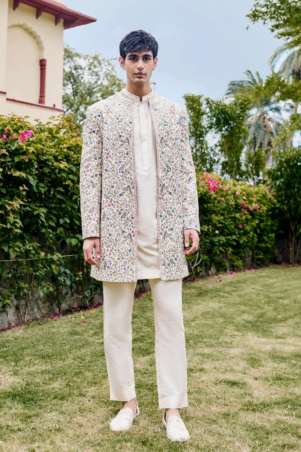 Cream Aari-Embroidered Silk Sherwani