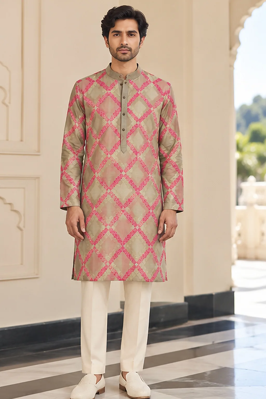 Dusty Rose Diamond-Lattice Silk Kurta Set