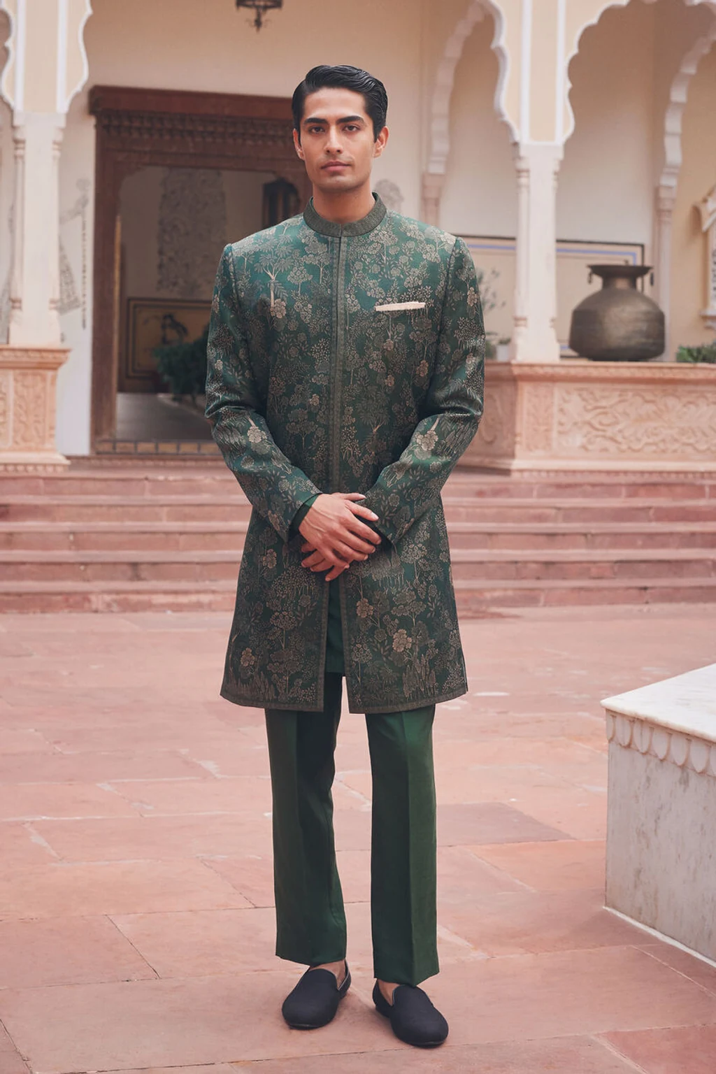 Emerald Green Embroidered Silk Sherwani