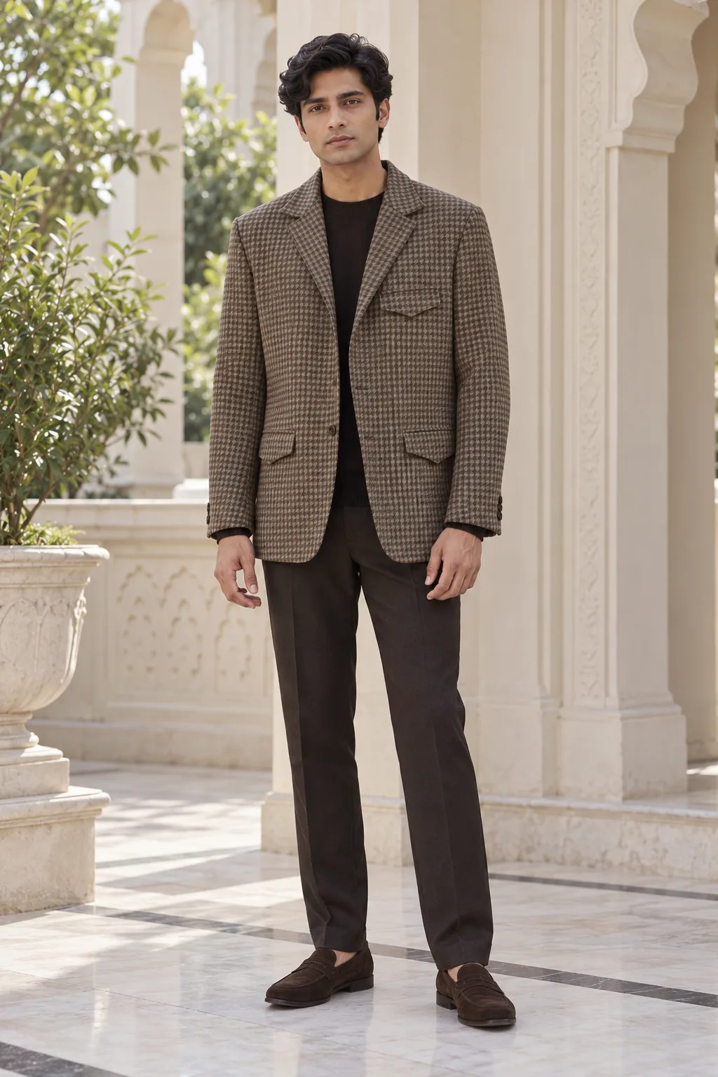 Fawn Houndstooth Tweed Patch-Pocket Blazer