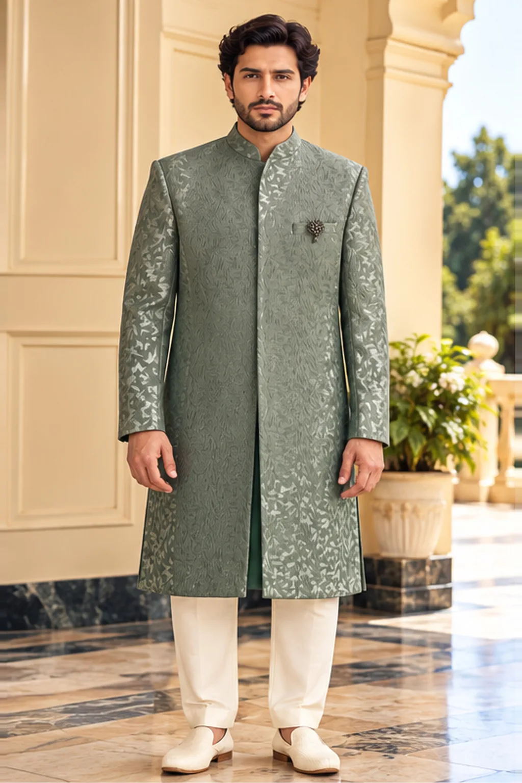 Fern Green Leaf-Brocade Long Nehru Jacket