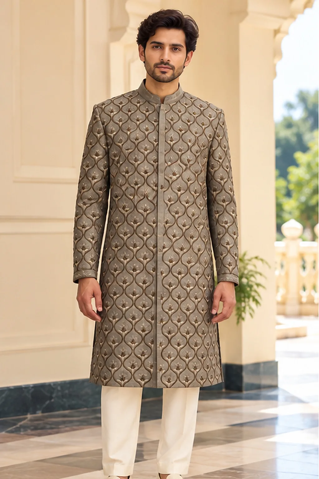 Greige Pearl-Lattice Embroidered Silk Sherwani