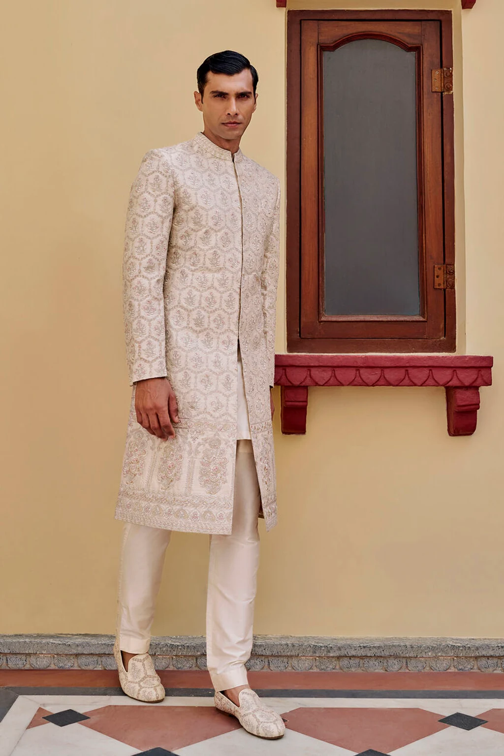 Ivory Pearl-Embroidered Silk Sherwani