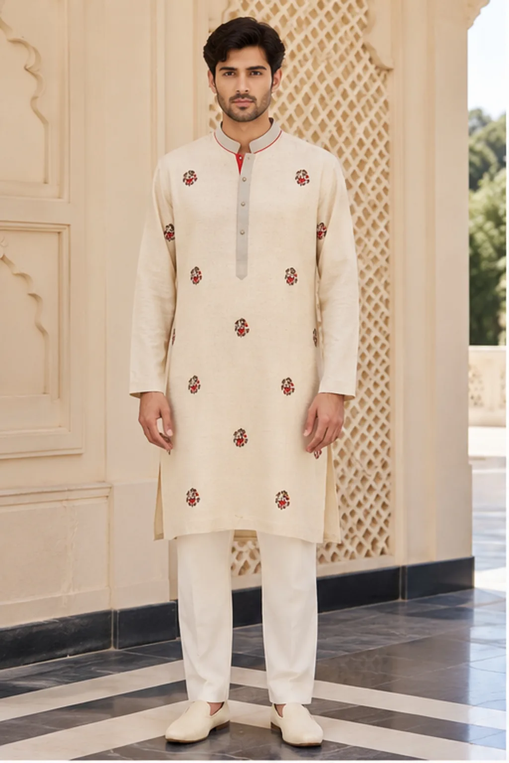 Ivory Red-Butti Embroidered Silk Kurta Set