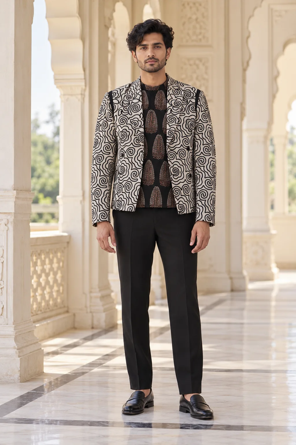 Ivory Scroll Cord-Embroidered Cropped Tuxedo