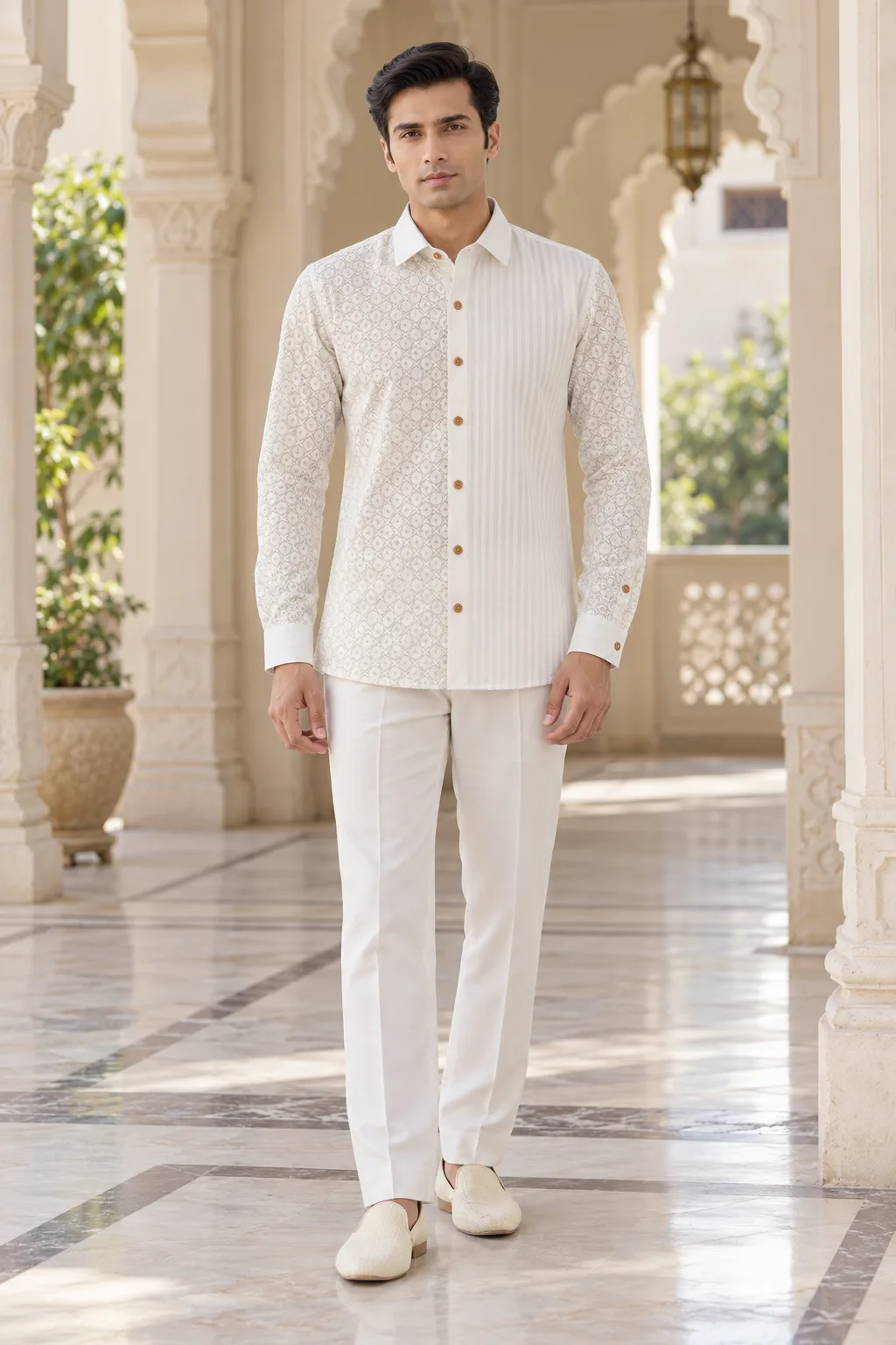 Ivory Split-Panel Embroidered Cotton Shacket