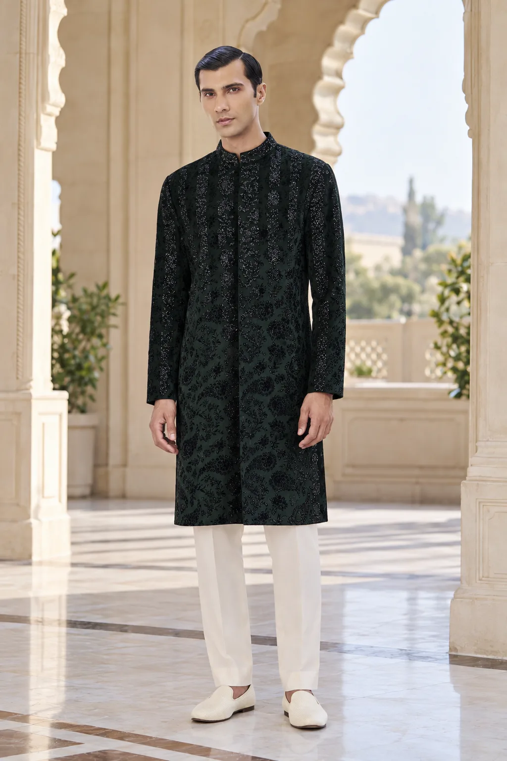 Jet Black Beaded Shawl-Collar Sherwani