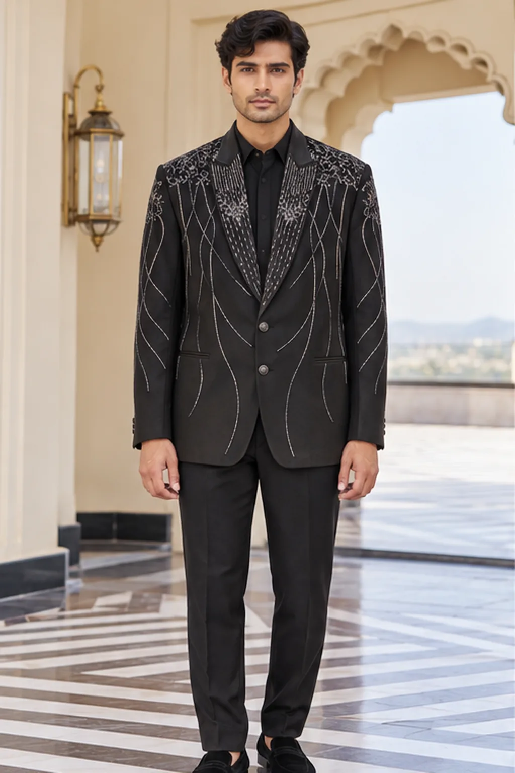 Jet Black Crystal Beaded Peak-Lapel Tuxedo
