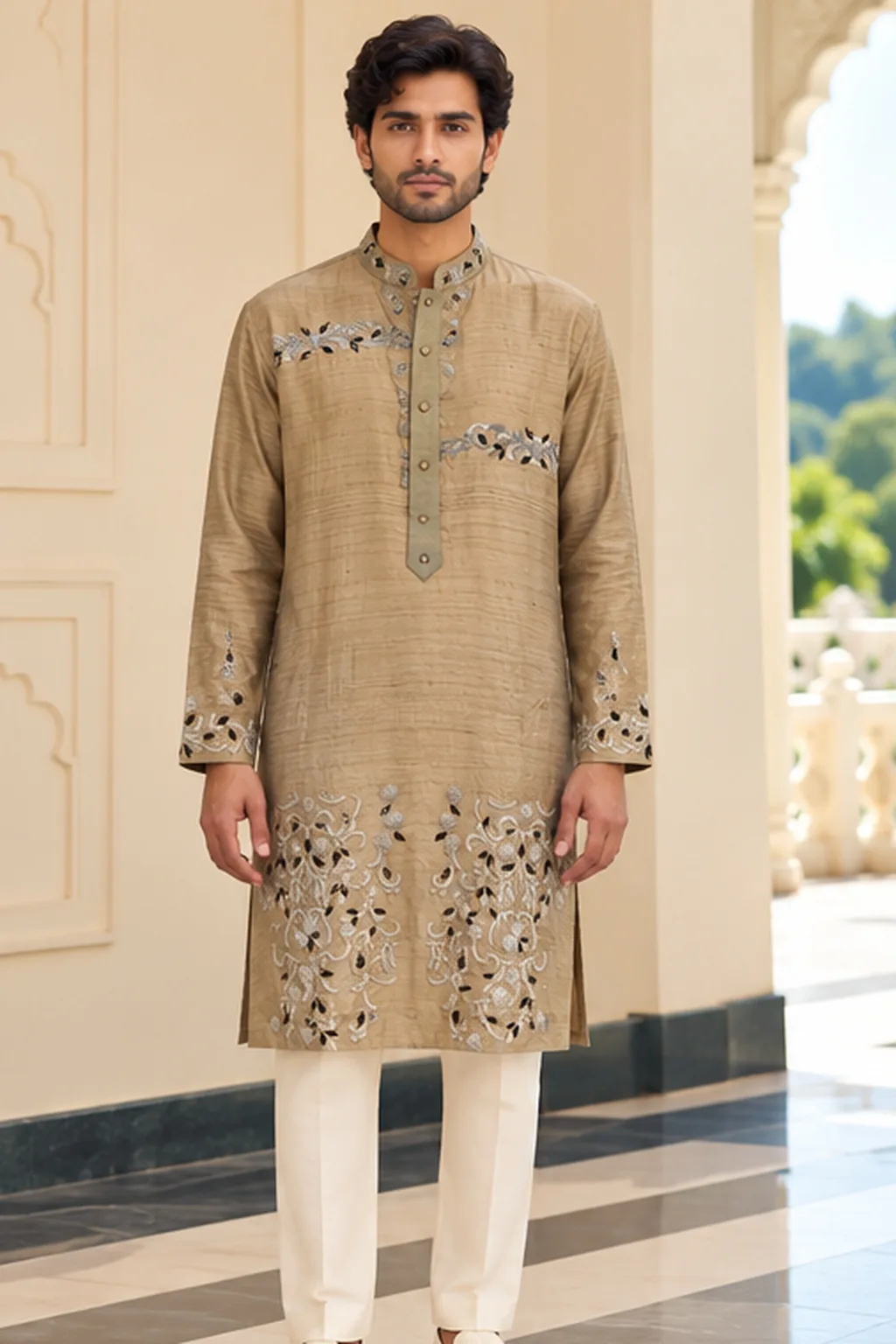 Khaki Beige Floral-Embroidered Silk Kurta Set