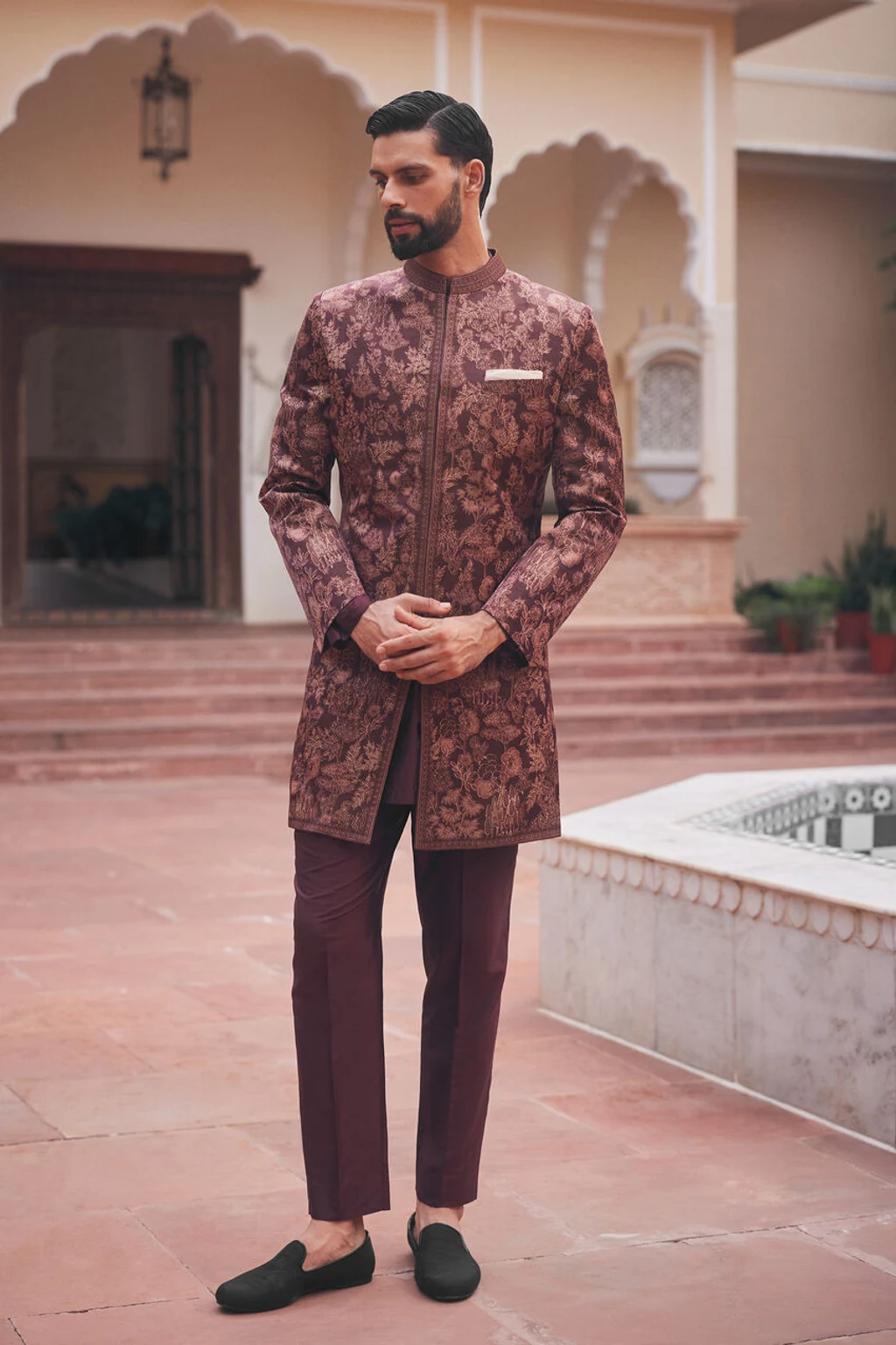 Maroon Embroidered Silk Sherwani