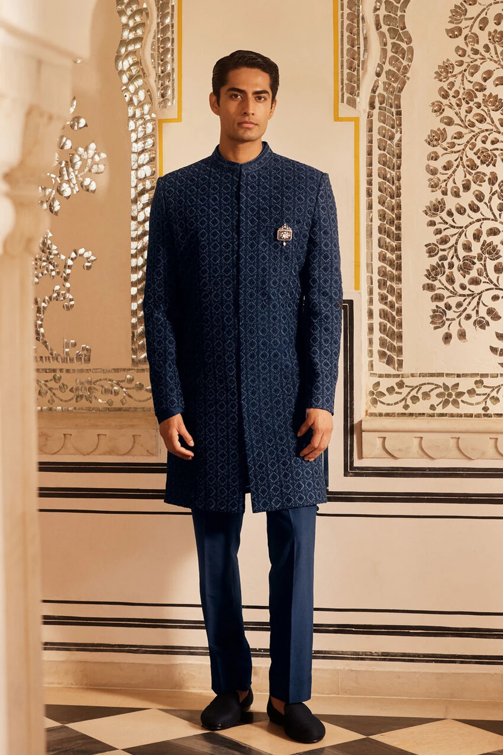 Midnight Navy Embroidered Velvet Bandhgala