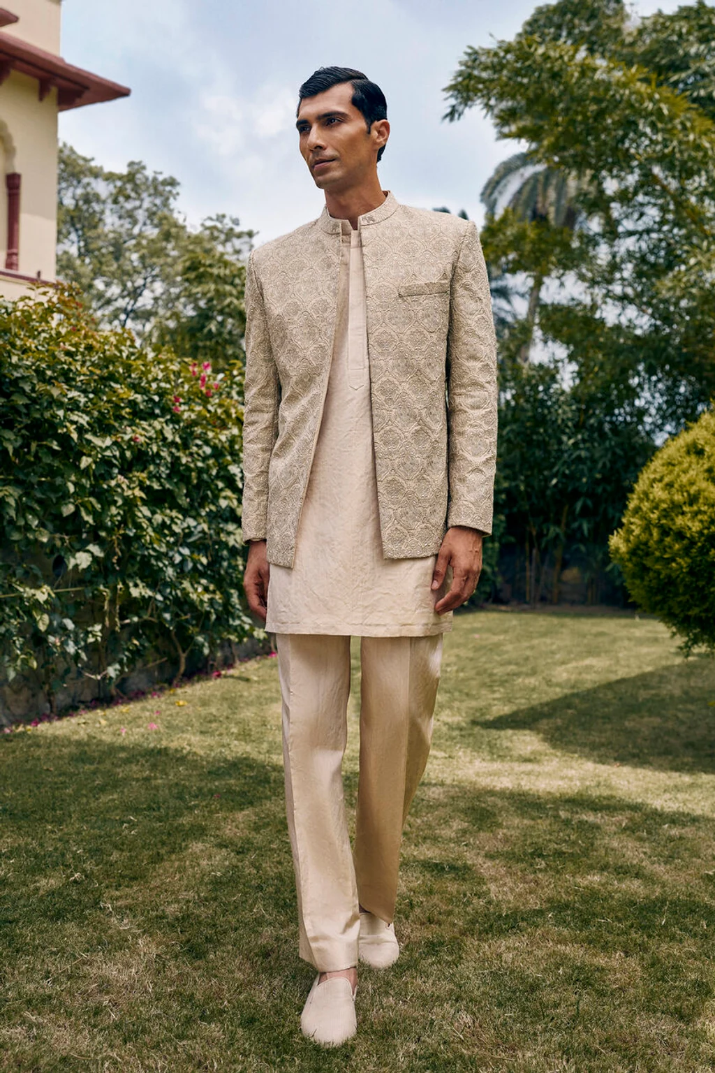 Mustard Gold Embroidered Silk Nehru Jacket