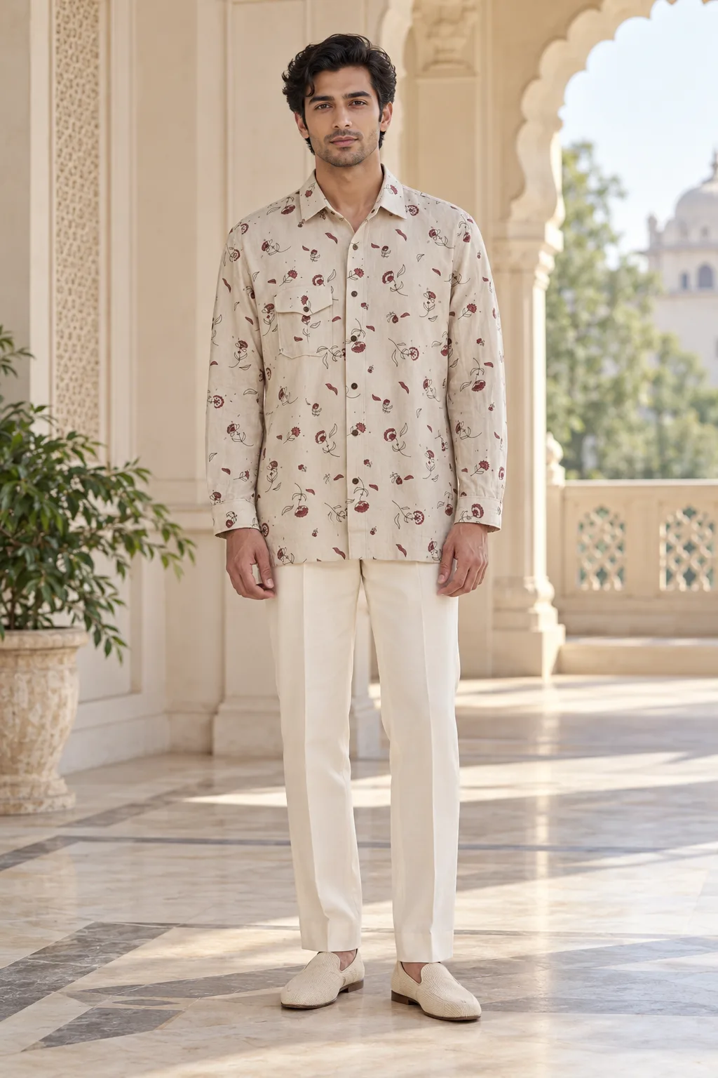 Oatmeal Maroon Floral-Print Linen Shirt