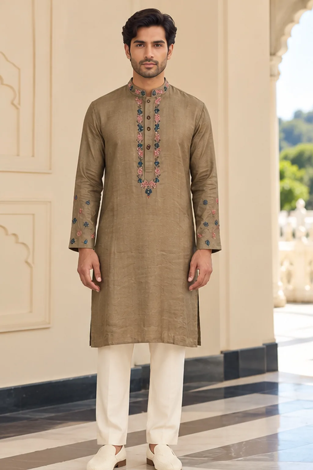 Olive Green Floral-Embroidered Silk Kurta Set