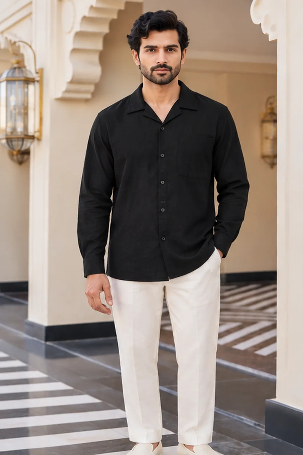 Onyx Black Camp-Collar Patch-Pocket Linen Shirt