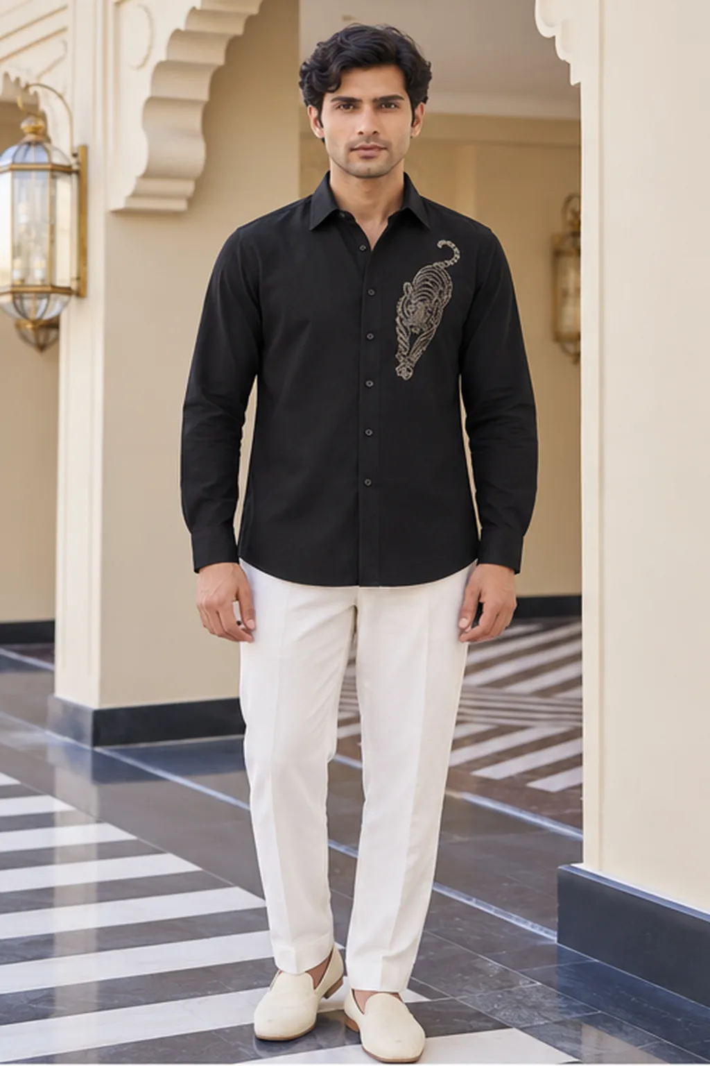 Onyx Black Gold Tiger-Embroidered Shirt