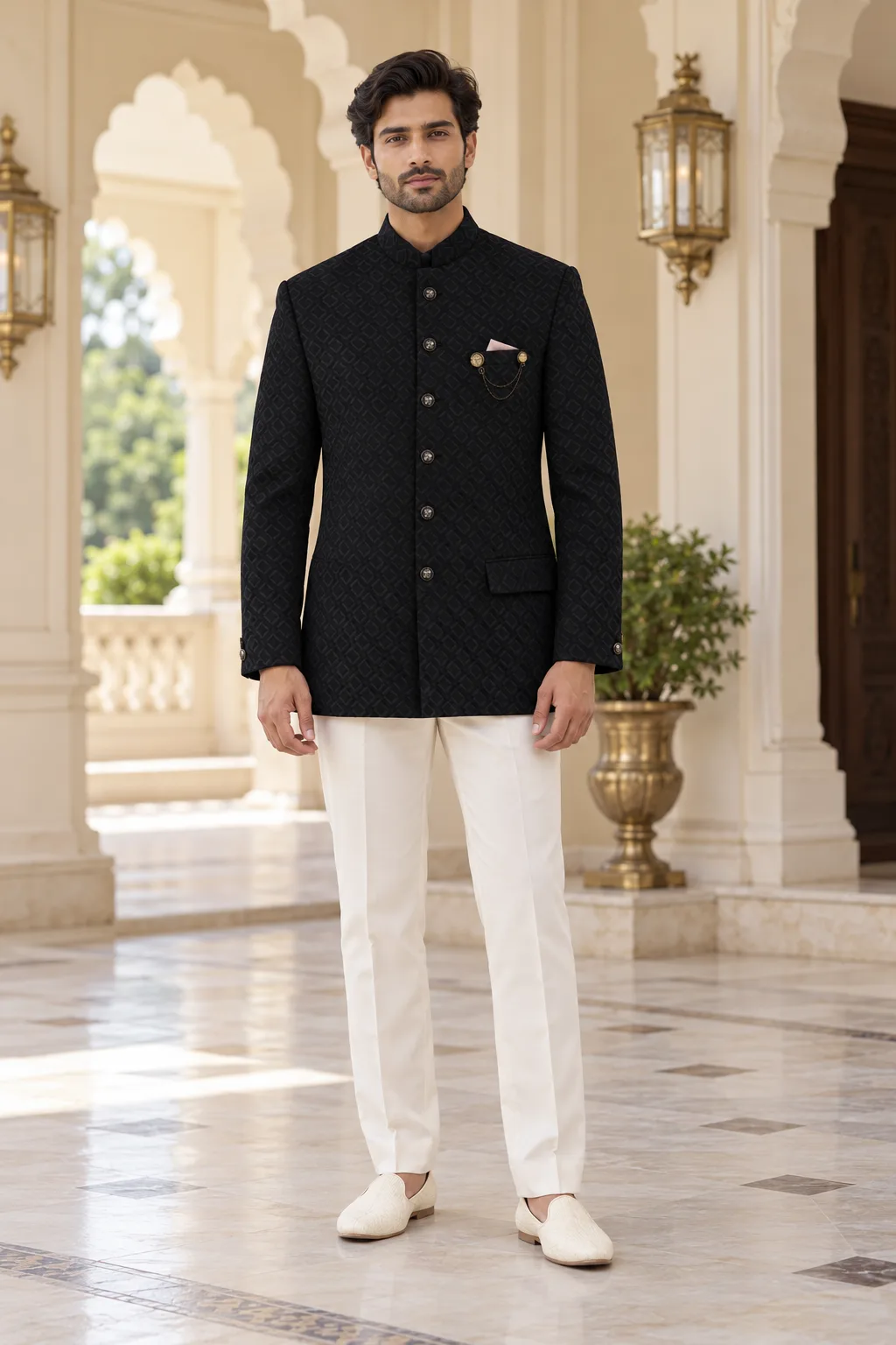 Onyx Black Self-Textured Jacquard Bandhgala