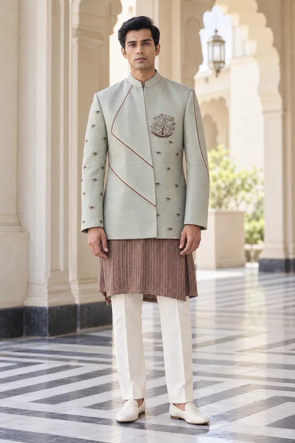 Pista Green Tree-of-Life Embroidered Silk Bandhgala