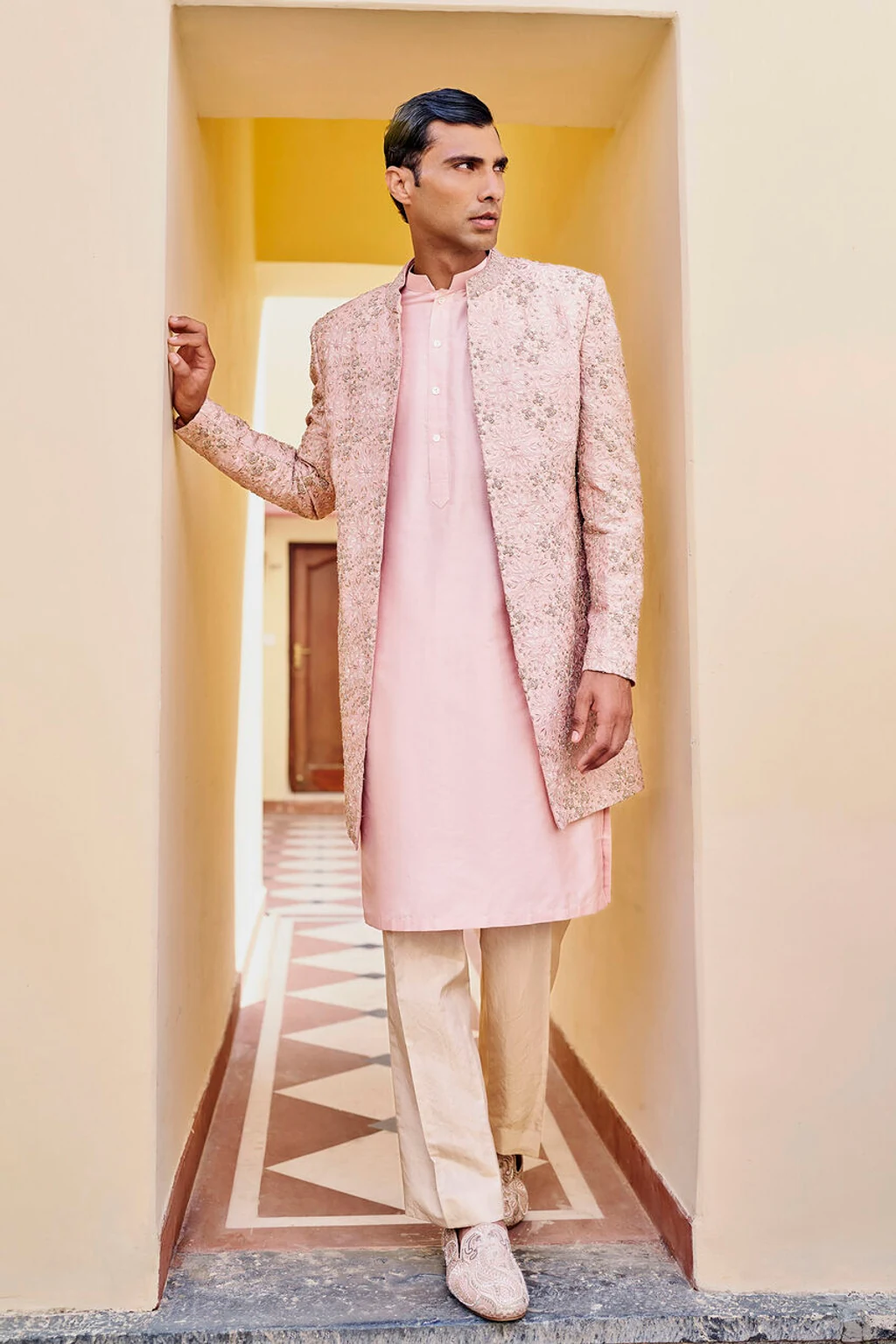 Rose Pink Zardozi Silk Sherwani