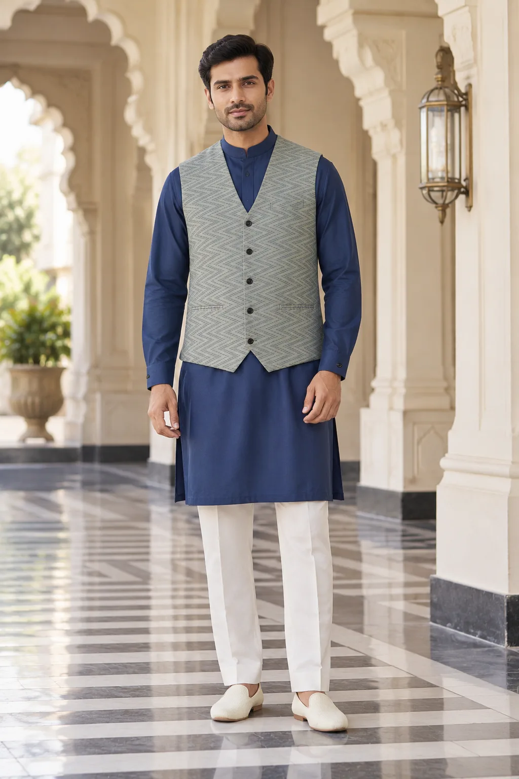 Sage Chevron-Weave Cotton Nehru Vest