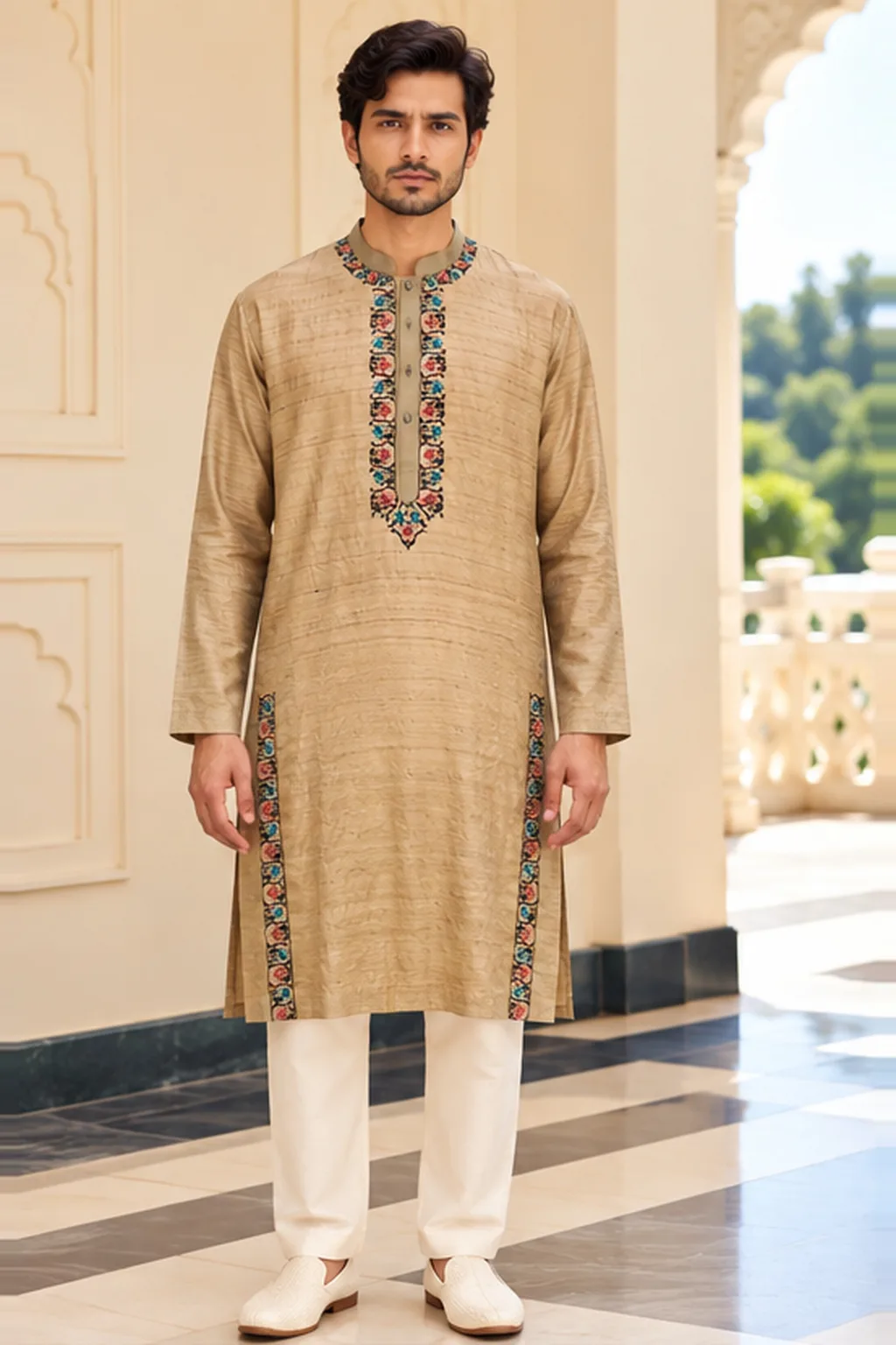 Sand Beige Contrast-Embroidered Silk Kurta Set