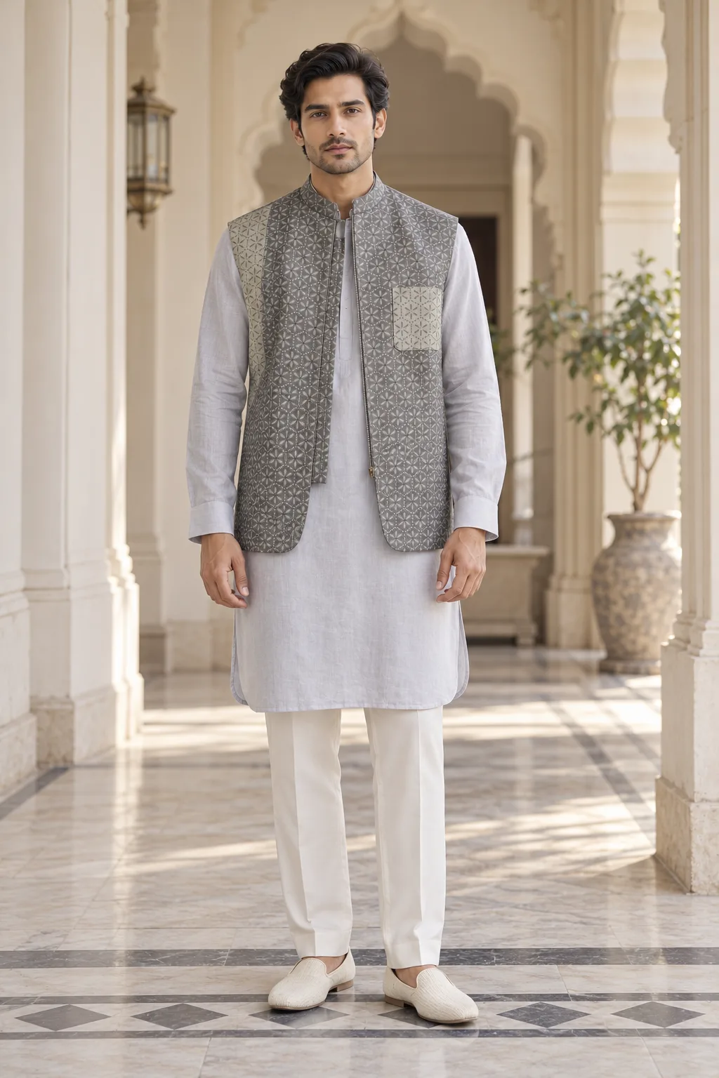Smoke Grey Block-Print Cotton Nehru Vest