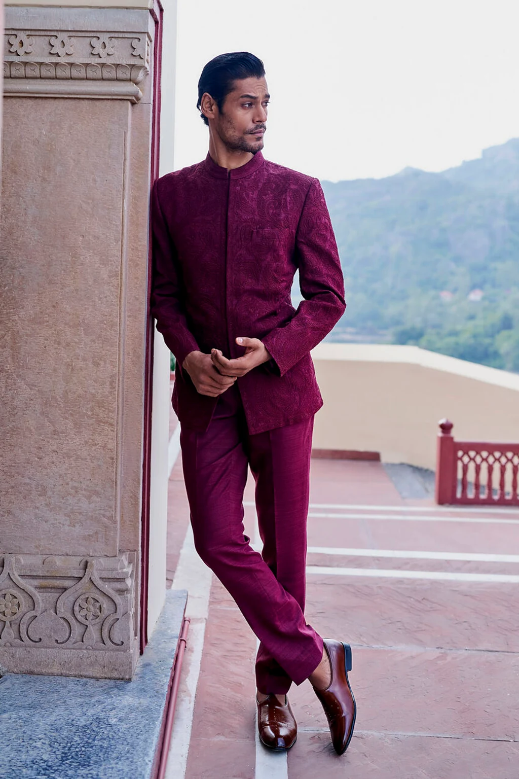 Wine Cord Silk Embroidered Bandhgala